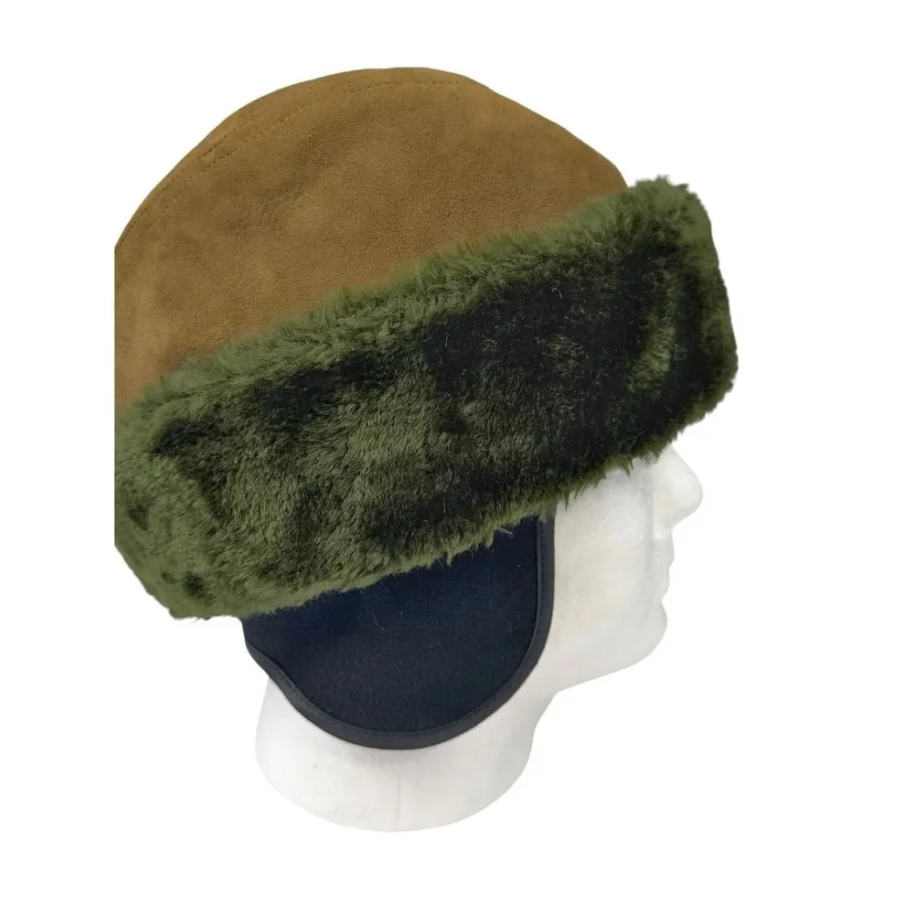 Vintage U.S. Military Cold Weather Cap Hat Faux Fur Trim Olive Brown Size Large
